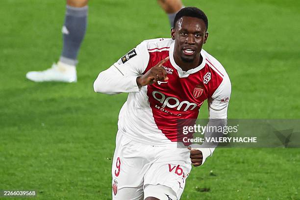 Monaco's US forward Folarin Balogun celebrates scoring his team's first goal during the French L1 football match between AS Monaco and Stade Brestois...