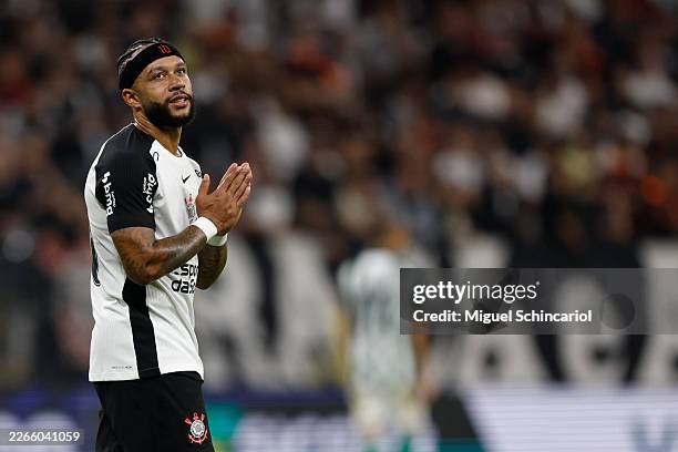 Memphis Depay of Corinthians reacts during a match between Corinthians and Coritiba as part of Brasileirao 2026 at Neo Quimica Arena on March 11,...