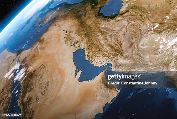 earth satellite view of the strait of hormuz and persian gulf - stretto foto e immagini stock