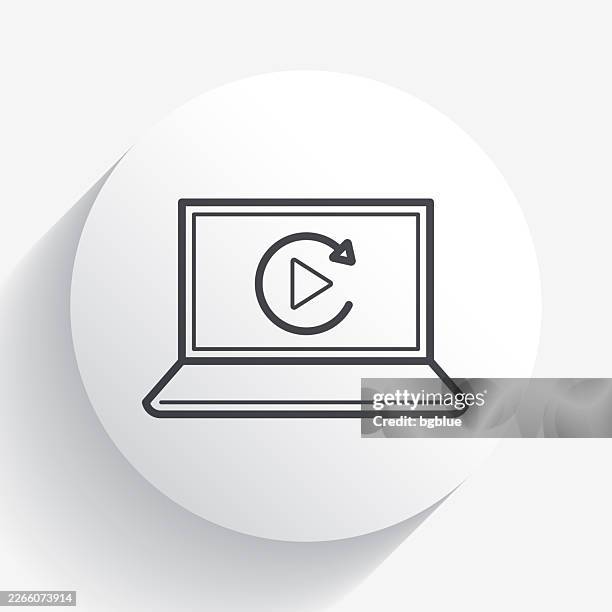replay on laptop. icon on circle button with long shadow - replay button stock illustrations