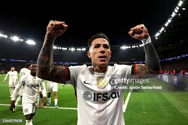 Enzo Fernandez of Chelsea celebrates scoring his team's second goal during the UEFA Champions League 2025/26 Round of 16 First Leg match between...