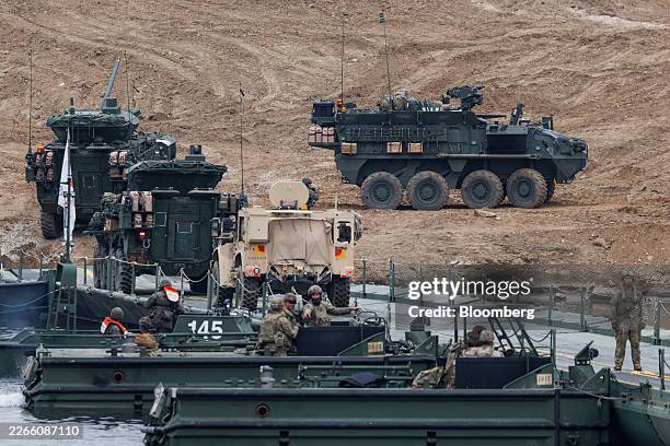 Armored vehicles from the 2nd Infantry Division, Stryker Battalion, during the river-crossing exercises with South Korean army as part of Freedom...