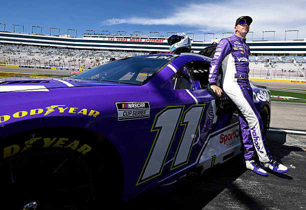 Denny Hamlin stands next to his race car after qualifying second for the NASCAR Pennzoil 400 on March 14 at Las Vegas Motor Speedway in Las Vegas, NV.