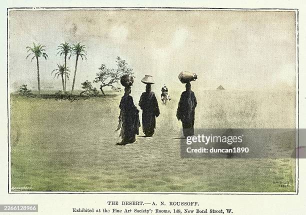 women carrying jug on head through the desert, after a n roussoff, victorian, vintage illustration 19th century 1890s - carrying on head stock illustrations