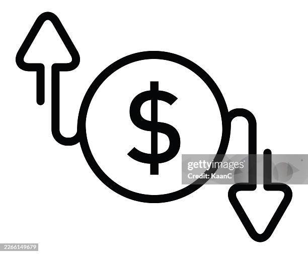 dollar increase and decrease arrows icon set – financial growth and loss symbol vector stock illustration - down arrow icon stock illustrations