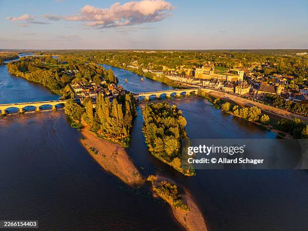 aerial view on amboise and loire river france around sunset - loire stock pictures, royalty-free photos & images