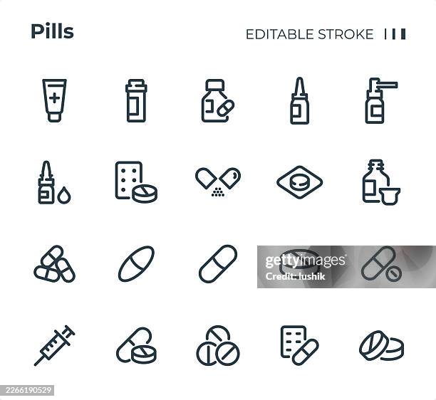 pills icon set. editable stroke weight. pixel perfect icons. - peptide structure stock illustrations
