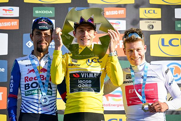 Colombian Daniel Felipe Martinez of Red Bull-BORA-hansgrohe, Danish Jonas Vingegaard of Team Visma-Lease a Bike and German Georg Steinhauser of EF...