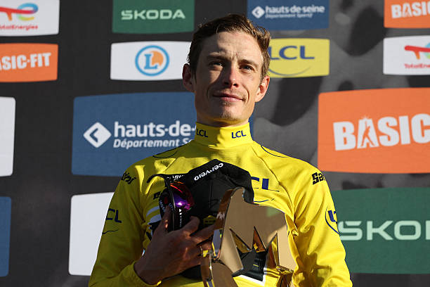 Team Visma - Lease a Bike's Danish rider Jonas Vingegaard celebrates with the trophy after winning the 2026 Paris-Nice cycling race, on March 15,...
