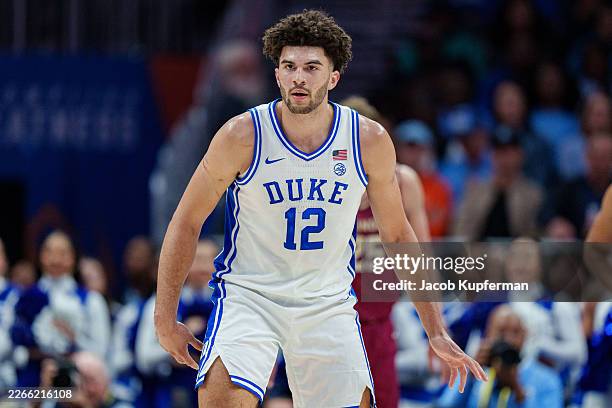 Cameron Boozer of the Duke Blue Devils looks on against the Florida State Seminoles in the first half during the quarterfinals of the men's ACC...