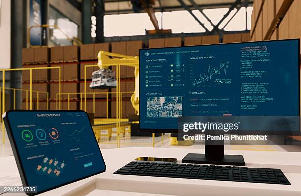 automated supply chain management via interactive dashboard in high-tech warehouse. - digital twin stock pictures, royalty-free photos & images
