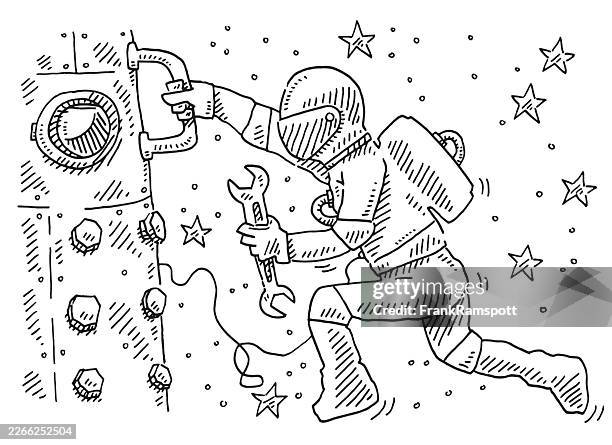 astronaut repair work in space drawing - zero gravity man stock illustrations