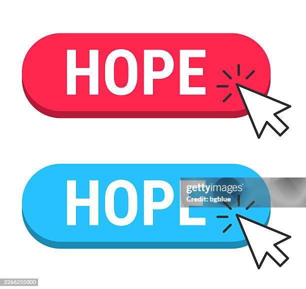 hope - red and blue buttons with cursor on white background - believe typography stock illustrations