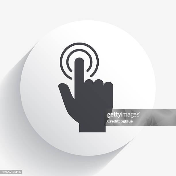 stockillustraties, clipart, cartoons en iconen met hand touch - click. icon on circle button with long shadow - touchscreen