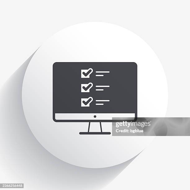 desktop computer with checklist. icon on circle button with long shadow - looking over computer screen stock illustrations