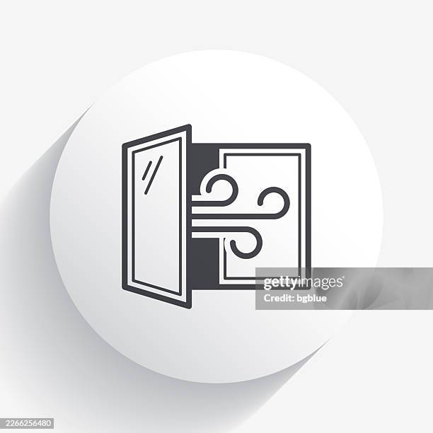 open window - airing the room. icon on circle button with long shadow - outhouse stock illustrations