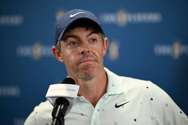 Rory McIlroy of Northern Ireland speaks to the media after his second round of THE PLAYERS Championship 2026 at THE PLAYERS Stadium course at TPC...