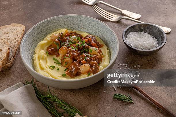 bœuf bourguignon avec purée de pommes de terre servi dans un bol rustique - boeuf bourguignon photos et images de collection