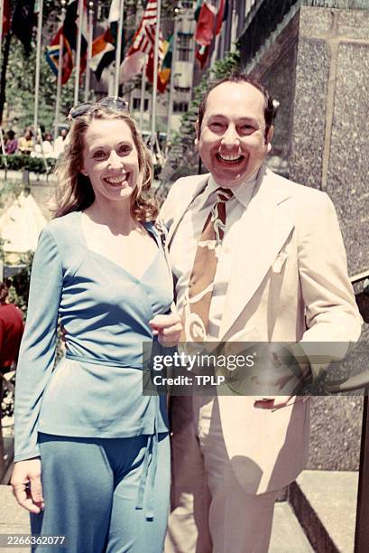 American actress Elizabeth Hubbard and an unidentified man pose for a portrait during the 1st Daytime Emmy Awards at Rockefeller Plaza in New York,...