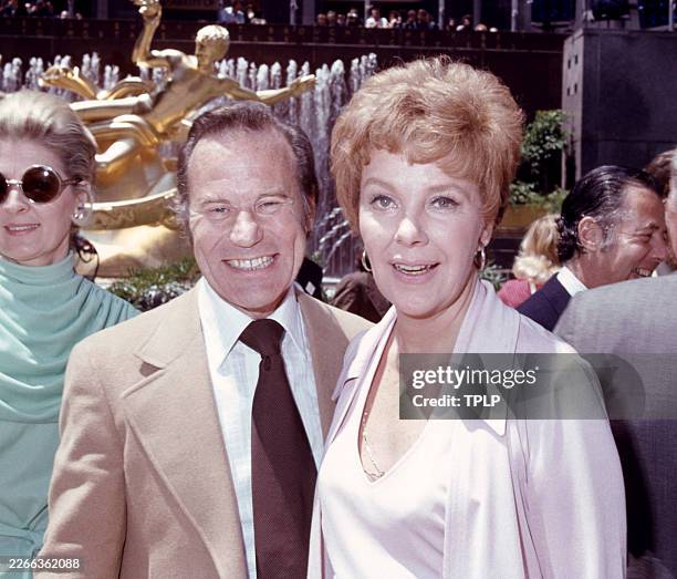 American television producer and director H. Wesley Kenney and American actress Mary Stuart pose for a portrait during the 1st Daytime Emmy Awards at...