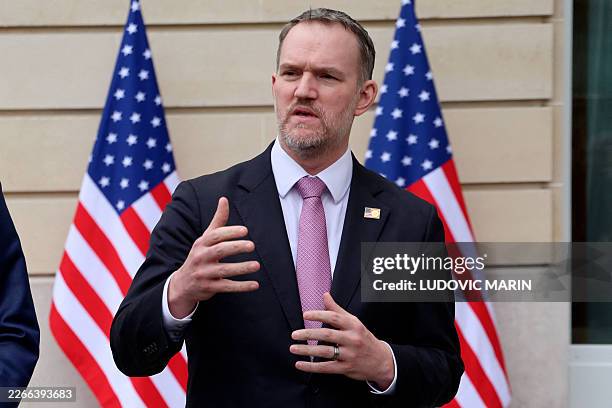 Trade Representative Jamieson Greer addresses journalists during a press statement with US Treasury Secretary Scott Bessent following a new round of...