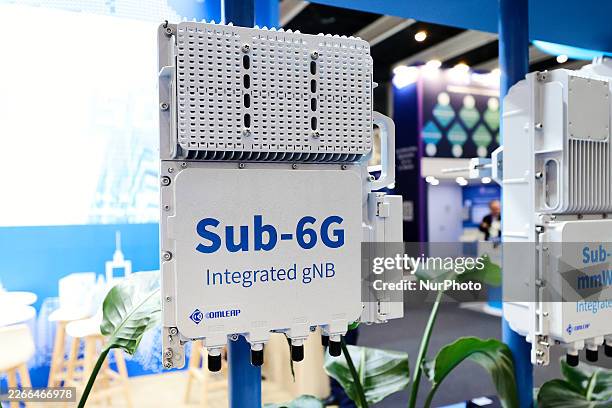 Close-up of the Comleap Sub-6G Integrated gNB , a high-performance all-in-one small cell solution, is exhibited at the Comleap telecommunications...