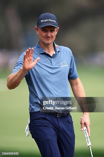 Justin Rose of England reacts on the sixth green during the third round of THE PLAYERS Championship 2026 at THE PLAYERS Stadium course at TPC...