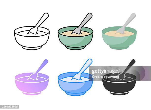 a plate of porridge and a spoon icon. 6 different styles. editable stroke. - granola stock illustrations