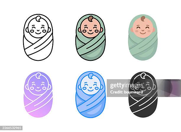 swaddled baby icon. 6 different styles. editable stroke. - baby wrapped in bubble wrap stock illustrations