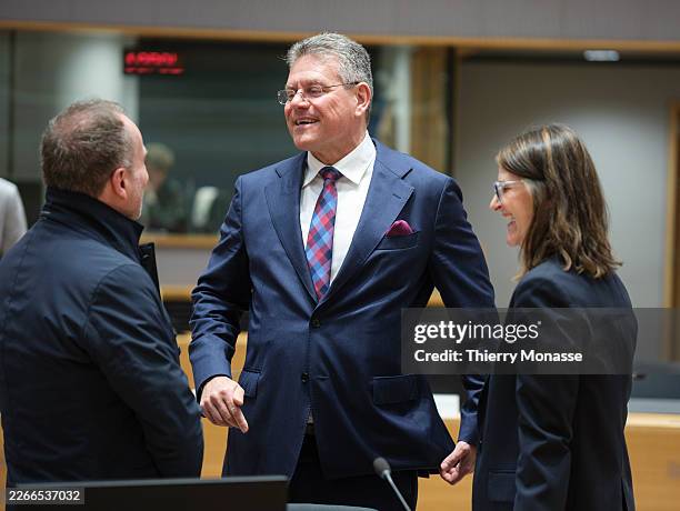 Commissioner for Interinstitutional Relations and Transparency Maros Sefcovic talks with staff members prior the start of an EU General Affairs...