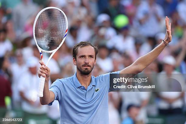 Daniil Medvedev celebrates match point against Carlos Alcaraz of Spain during their Men's Singles Semifinals match on Day 11 of the BNP Paribas Open...