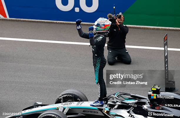 Race winner Andrea Kimi Antonelli of Italy and Mercedes AMG Petronas F1 Team celebrates in parc ferme during the F1 Grand Prix of China at Shanghai...