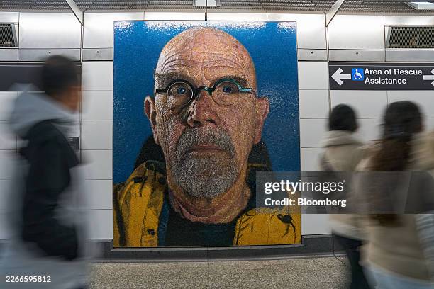Self-Portrait , a micromosaic artwork by Chuck Close, at the 86th Street-Second Avenue subway station in New York, US, on Tuesday, March 17, 2026....