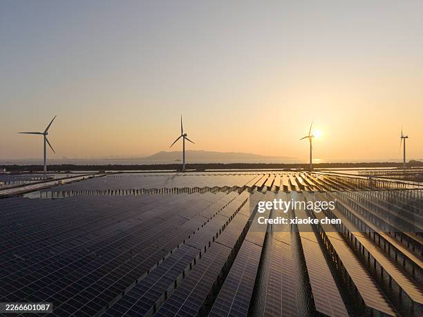solar panels and wind turbines in the morning - energy transition stock pictures, royalty-free photos & images
