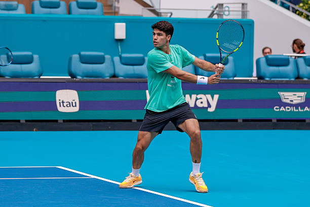 Carlos Alcaraz is seen practicing in the Stadium Court at the Miami Open on March 17 at Hard Rock Stadium in Miami Gardens, Florida,