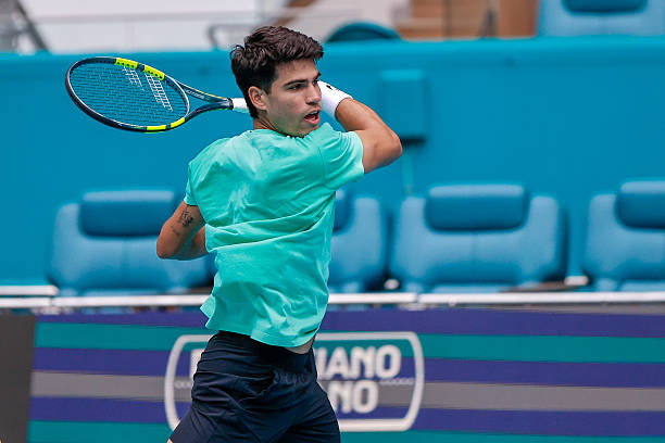 Carlos Alcaraz is seen practicing in the Stadium Court at the Miami Open on March 17 at Hard Rock Stadium in Miami Gardens, Florida,