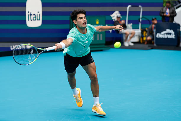 Carlos Alcaraz is seen practicing in the Stadium Court at the Miami Open on March 17 at Hard Rock Stadium in Miami Gardens, Florida,