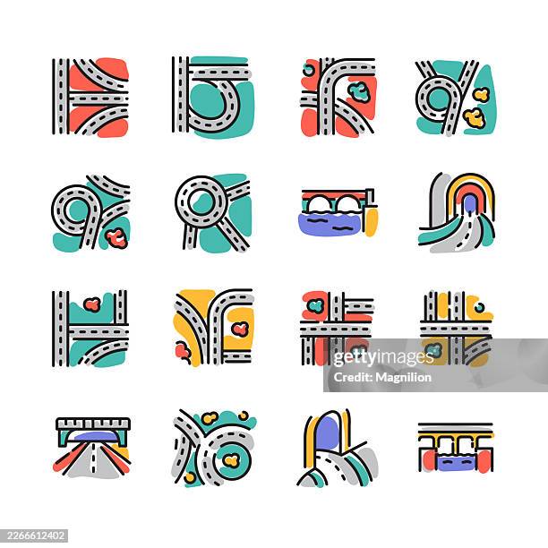road interchange and intersection icons set showing roundabouts, ramps, exits, overpasses, bridges, tunnels, and route layouts for maps, navigation apps, and transport ui, editable stroke. - highway bridge stock illustrations