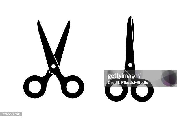 scissors icon set, vector set of black scissor silhouettes in open and closed positions. - scissors cutting paper stock illustrations