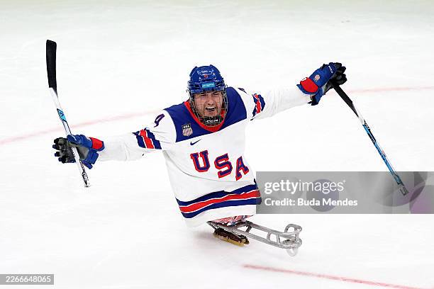 Brody Roybal of Team United States celebrates scoring his team's sixth goal during the Para Ice Hockey Open Team Tournament Gold Medal Match between...