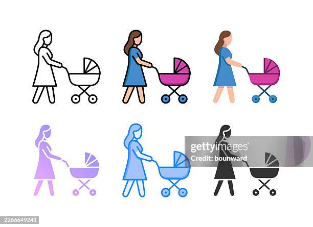 mother with a stroller icon. 6 different styles. editable stroke. - daycare logo stock illustrations
