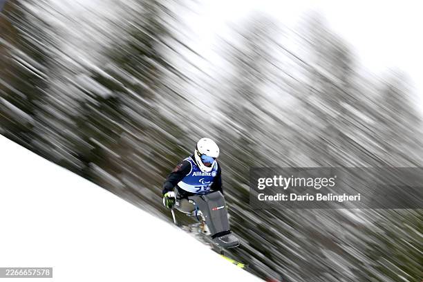 Jasmin Bambur of Team United States competes during the Para Alpine Skiing Men's Slalom Sitting on day nine of the Milano Cortina 2026 Winter...