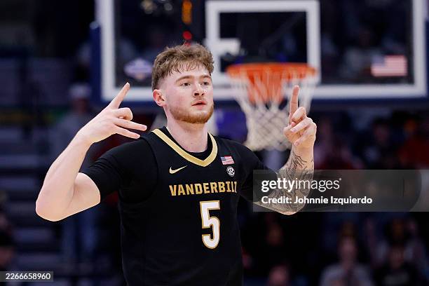 Tyler Nickel of the Vanderbilt Commodores reacts in the second half against the Arkansas Razorbacks of 2026 SEC Men's Basketball Tournament...