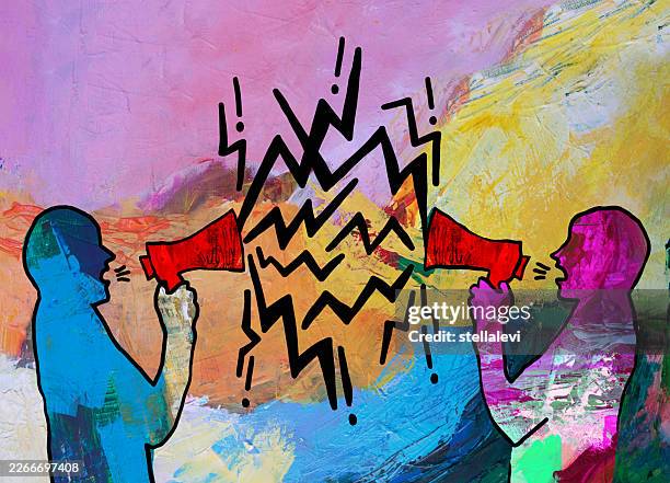 two persons with megaphone arguing - two men fighting stock illustrations