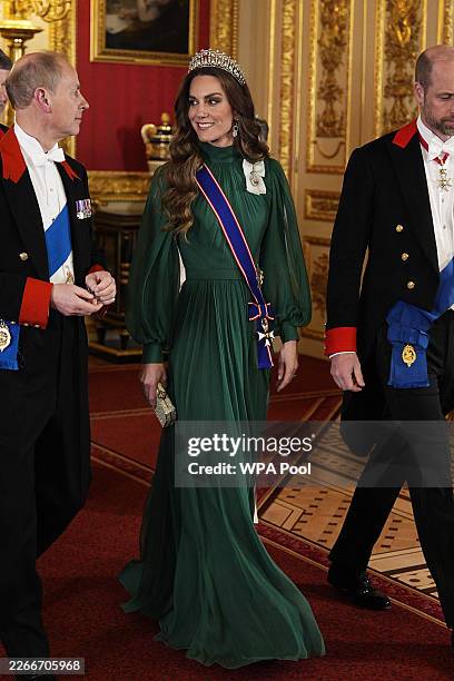 Edward, Duke of Edinburgh and Catherine, Princess of Wales arrive to attend a State Banquet in St George's Hall on day one of their state visit to...