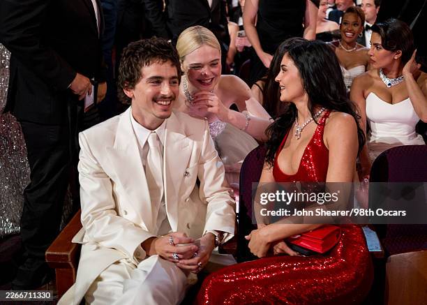 Timothée Chalamet, Elle Fanning and Kylie Jenner attend the 98th Annual Oscars at Dolby Theatre on March 15, 2026 in Hollywood, California.