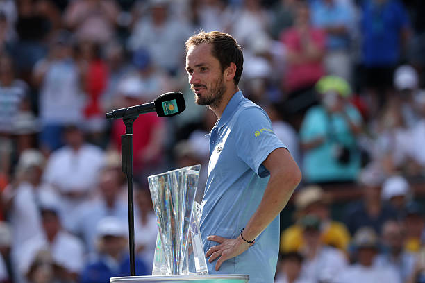 Daniil Medvedev talks to the crowd after a loss against Jannik Sinner of Italy following their Men's Singles Finals match on Day 12 of the BNP...