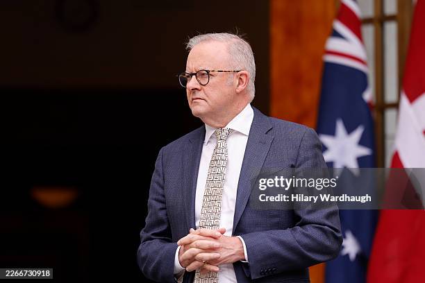 Prime Minister Anthony Albanese waits in the Prime Minister's courtyard on March 16, 2026 in Canberra, Australia. Denmark's King Frederik X and Queen...