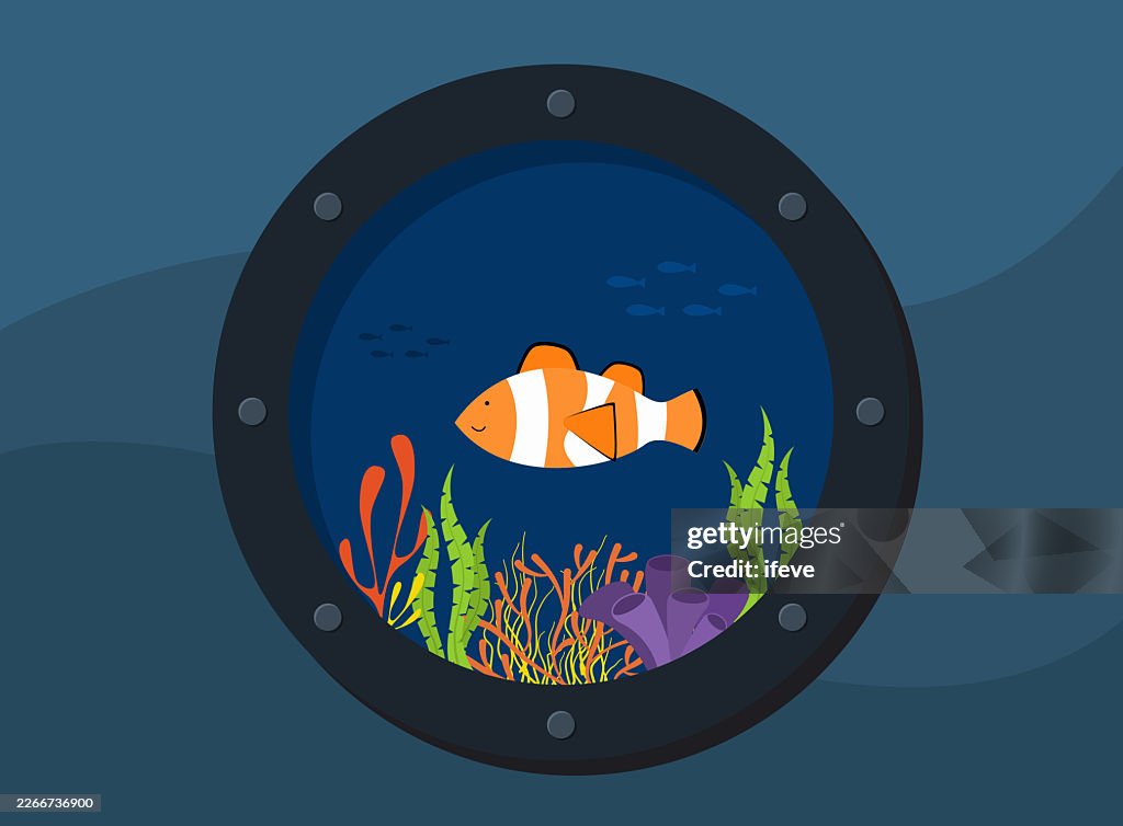 Vector illustration of clownfish viewed through submarine porthole in underwater ocean environment with coral and marine life.