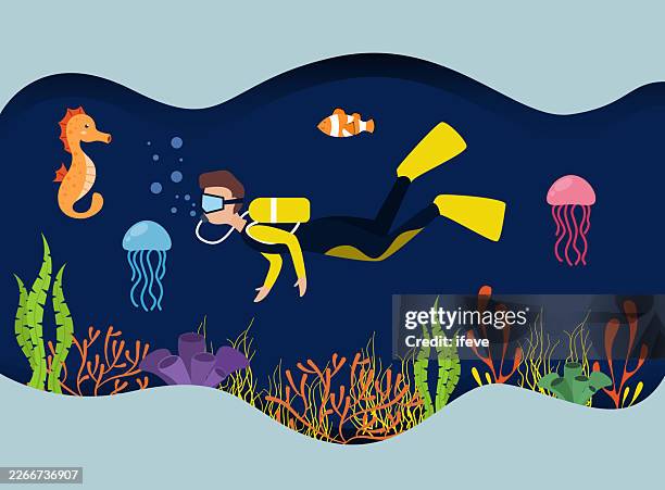 vector illustration of divers exploring underwater ocean with colorful fish jellyfish and coral reef scenery. - scuba diving stock illustrations